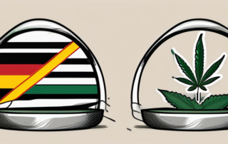 A scale balancing a cannabis leaf on one side and a german flag on the other
