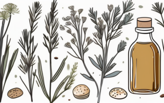 A bottle of linseed oil surrounded by flax plants and various foods like salad and bread