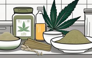 A kitchen scene with different hemp-based ingredients like hemp seeds and hemp oil
