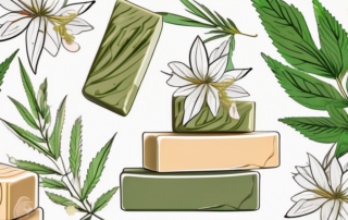 Various hemp soap bars surrounded by natural elements like hemp leaves and flowers