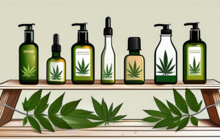 A variety of hemp oil bottles arranged on a wooden shelf