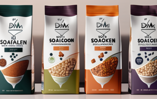 A variety of sojaflocken (soy flakes) packages from dm on a kitchen countertop