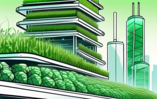 A futuristic vertical farm with multiple layers of lush green crops