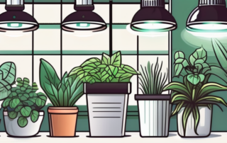 Several different types of led grow lamps shining brightly over a variety of healthy