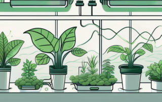 A co2 grow system with various plants thriving around it
