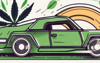 A car on a german road with a cannabis leaf symbol in the background
