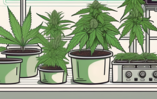 A lush cannabis plant in a well-organized indoor growing setup