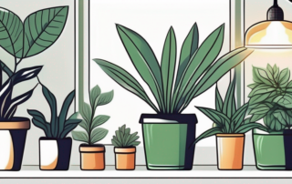 Several different types of led plant lights shining down on a variety of healthy