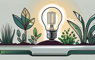 An led light bulb with rays of light illuminating a square meter area filled with healthy