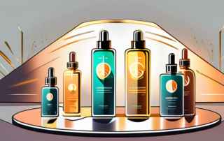A collection of different cbd oil bottles arranged in a winner's podium style