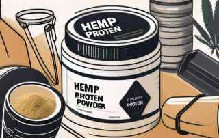 A hemp protein powder container with a caution sign