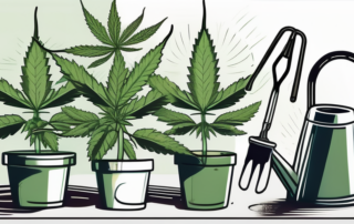 A healthy and robust cannabis plant with various tools and equipment like watering cans