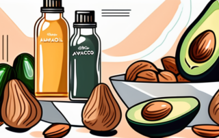 A bottle of linseed oil surrounded by various healthy foods like avocados