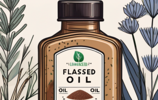 A bottle of flaxseed (leinsamenöl) oil surrounded by flax plants