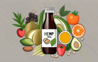 A bottle of hemp oil surrounded by various healthy foods like fruits