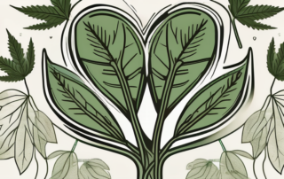 A lush hemp plant with various symbols like a heart