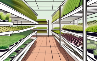 A multi-tiered indoor farm with various plants growing on each level