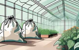 Several co2 bags placed in a greenhouse environment with plants around