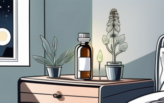 A calming night scene with a bottle of cbd oil and a bunch of valerian root lying on a bedside table