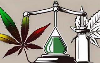 A symbolic scale balancing a pharmaceutical bottle and a marijuana leaf