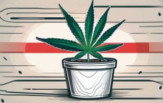A cannabis plant growing in a pot with the german flag in the background