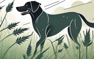 A dog happily playing in a field of hemp plants