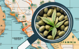 A variety of vibrant cannabis seeds scattered on a map of california
