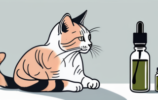 A cat peacefully sitting next to a bottle of cbd oil and a dropper