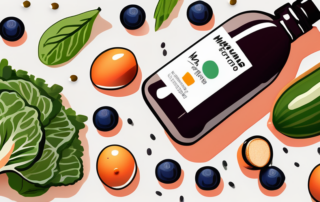 A magnesium bisglycinate supplement bottle with a few capsules scattered around and a background of various healthy foods like fruits and vegetables