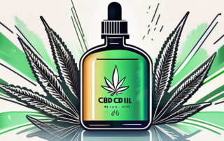 A dropper bottle of cbd oil with a hemp leaf in the background