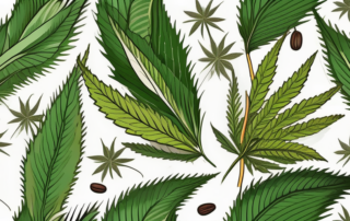 A vibrant hemp field with close-ups of hemp leaves and seeds