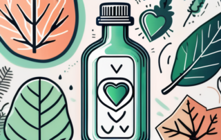 A cbd oil bottle surrounded by various symbols of health