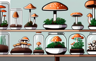 Various types of mushroom grow kits arranged on a table