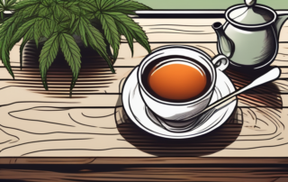 A variety of hemp tea products displayed on a rustic wooden table