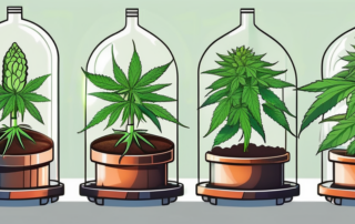 Several healthy cannabis plants under various types of light sources