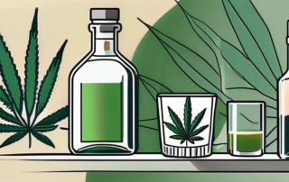 A glass bottle filled with cannabis liqueur surrounded by cannabis leaves