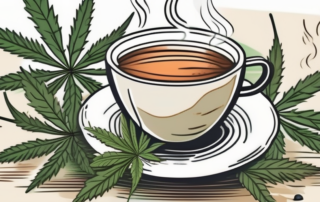 A steaming cup of hemp tea with hemp leaves scattered around