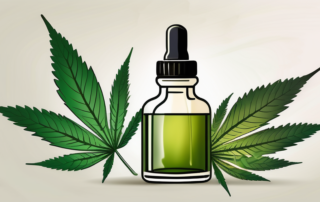 A hemp oil dropper bottle with cannabis leaves in the background