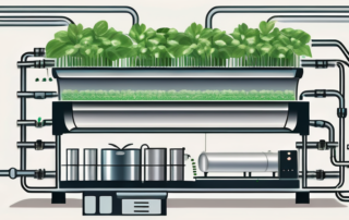 A complex hydroponic system with various plants growing in it