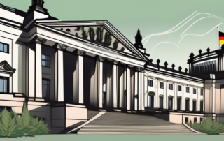 The german bundestag building with a cannabis leaf symbol floating above it