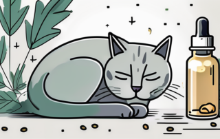 A cat peacefully sleeping next to a bottle of cbd oil and a dropper