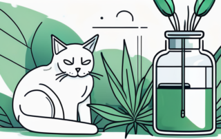 A cat peacefully resting next to a bottle of cbd oil and a hemp plant