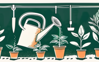 Young seedlings being planted in a garden with various gardening tools like a trowel and watering can nearby