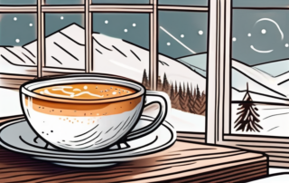 A cozy winter scene with a steaming mug of eierpunsch (egg punch) on a wooden table