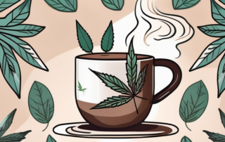 A steaming mug of cocoa with cannabis leaves subtly incorporated into the design