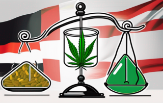 A balanced scale with a leaf symbolizing cannabis on one side and a pill symbolizing pharmaceutical drugs on the other
