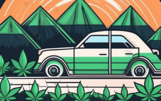 A car on a dutch landscape with a cannabis leaf symbol floating above it