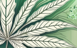 A cannabis leaf with molecular structures of delta-9-tetrahydrocannabinol (thc) surrounding it