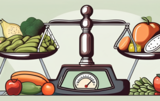 A balanced scale with healthy foods on one side and exercise equipment on the other