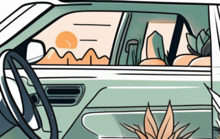 A variety of plants sitting on the dashboard of a car